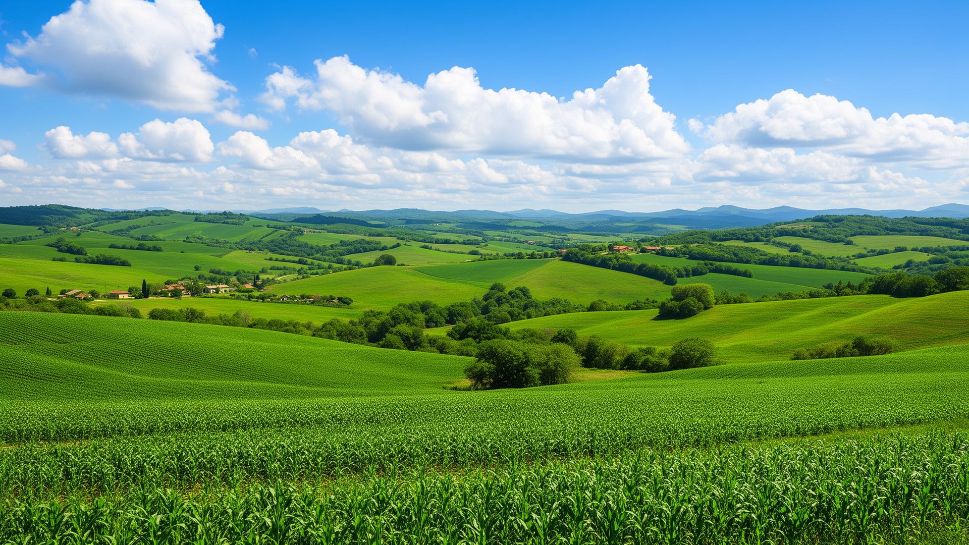 Lush green rolling hills and farmland representing cash land sales